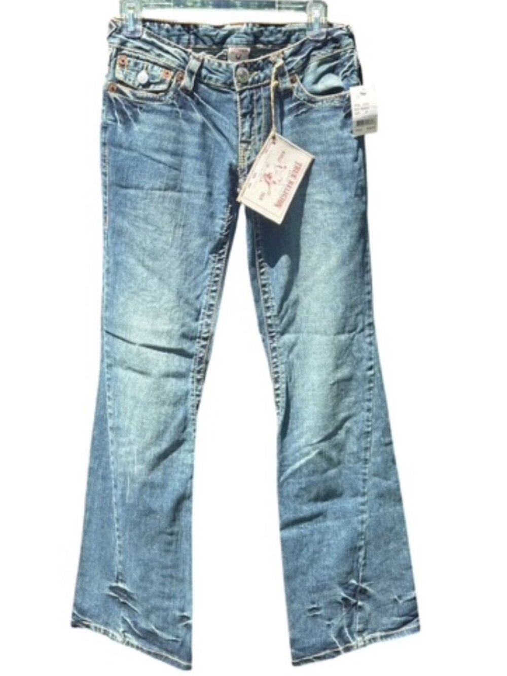 True Religion Joey Big T Distressed Blue Wash Twist Seam Boot Cut Flare SZ 27